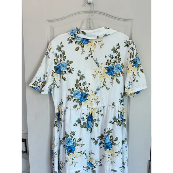 Laura Ashley Linen Blend Floral Midi Dress White Blue Yellow Button Front Size S - Image 7