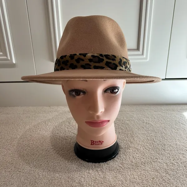Halogen Wool Fedora Hat Tan Brown O/S Adjustable Animal Print Safari‎ - Image 2