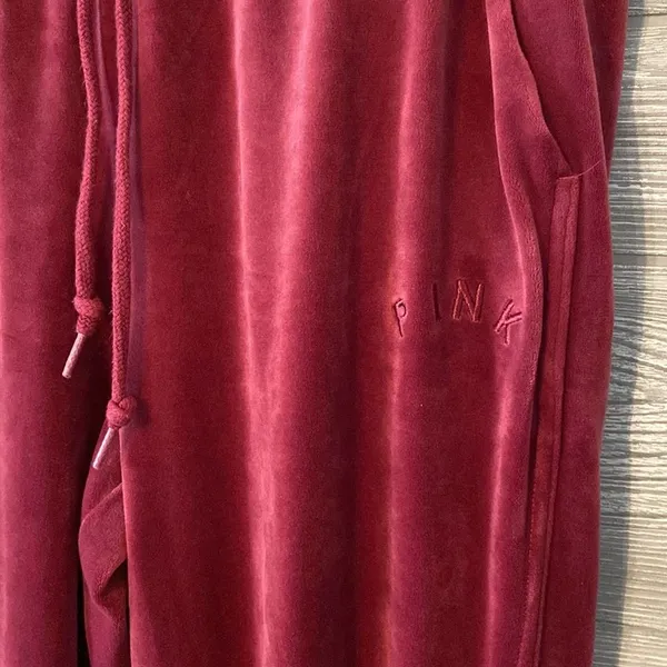 PINK Victoria's Secret‎ Velour Track Pants Zippered Ankle Burgundy Joggers - Image 2