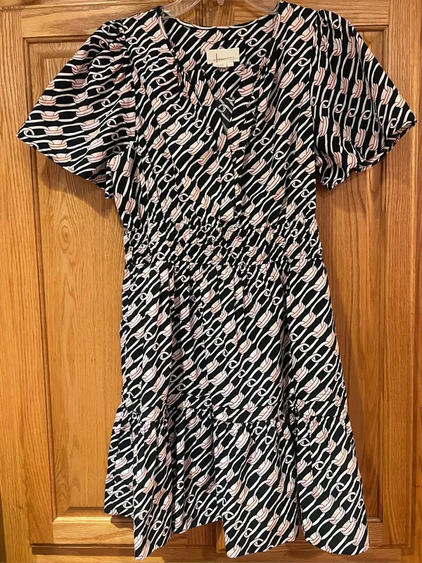 Anthropologie Somerset Cotton Smocked Waist Mini Dress Navy Link Pattern Large - Image 6