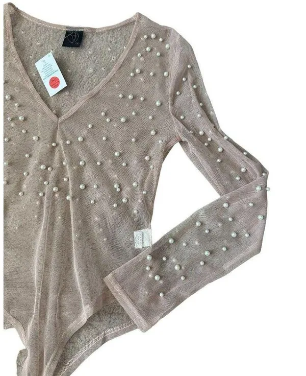 Windsor Sheer Nude Pearl Bodysuit Size Medium NEW - Image 2