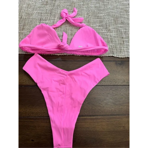 Neon Pink Bikini Set Size S NWT High Cut Halter Swimsuit - Image 2