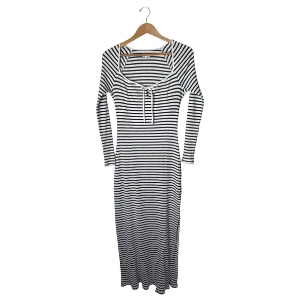 Aerie Maxi Dress Women Small Blue White Stripe Tie Front Long Sleeve Coastal - Image 2