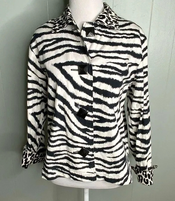 Painted Pony Black White Zebra Print Leopard Cuffs Button Up Stylish Jacket S - Image 2
