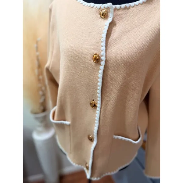 Camel Beige Collarless Knit Cardigan Jacket White Blanket Stitch Gold Buttons M - Image 2