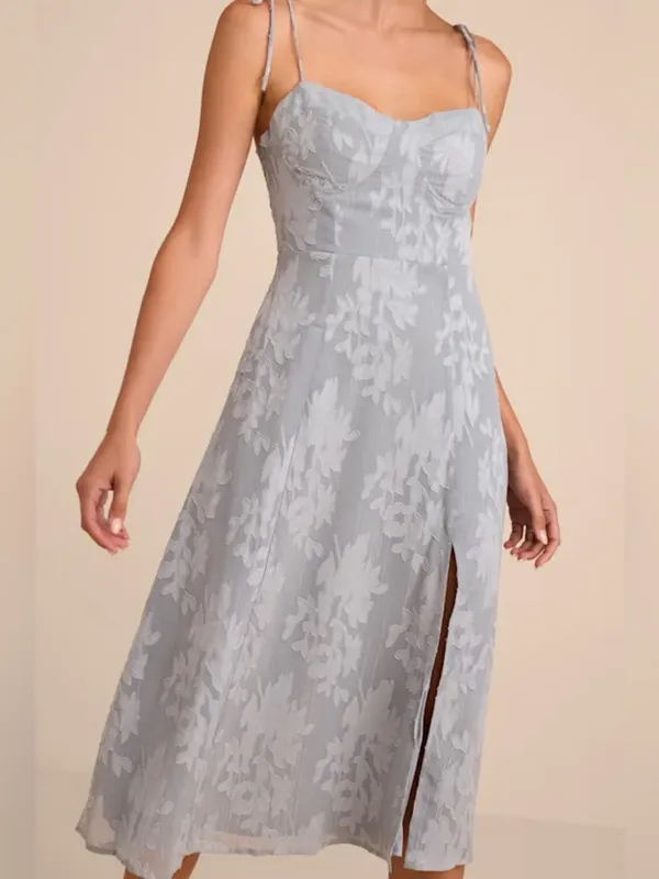 Lulus Loveliest Looks Dusty Blue Floral Jacquard Tie-Strap Midi Size Large - Image 5