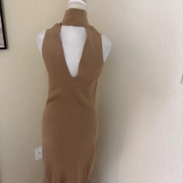 ANTHROPOLOGIE Mock Neck‎ Ribbed Knit Midi Dress Size Large Tan - Image 5