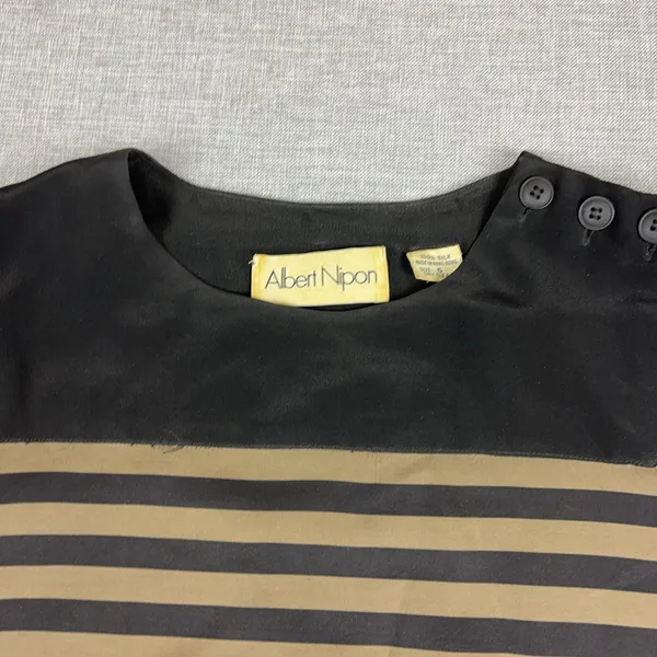 Vintage Albert Nipon Blouse Womens 6 Brown Striped Round Neck Long Sleeve‎ Silk - Image 2