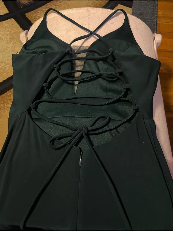 Elegant Dark Green Strapless-Inspired Evening Dress with Double Spaghetti Straps - Image 5