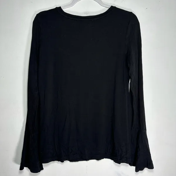 White House Black Market‎ Black Bell Sleeve Long Sleeve Top Crew Neck Medium - Image 2