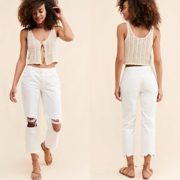 NWT FREE PEOPLE We The Free Maggie Distressed Cotton White Denim Jeans - Image 2