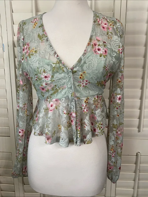 Lulu's Mint Floral Lace Peplum mesh Blouse with Pink Accents - Image 4