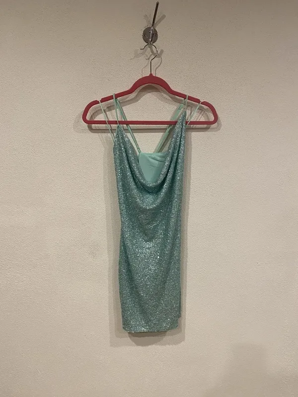 Susana Monaco Dress Womens Small Green Glitter Mesh Cowl Neck Slip Mini - Image 2