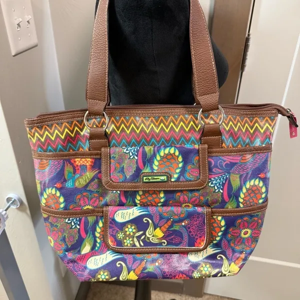 Lily Bloom Peacock Colorful Floral Shoulder Bag Purse Tote Lg Zip Top Abstract - Image 2