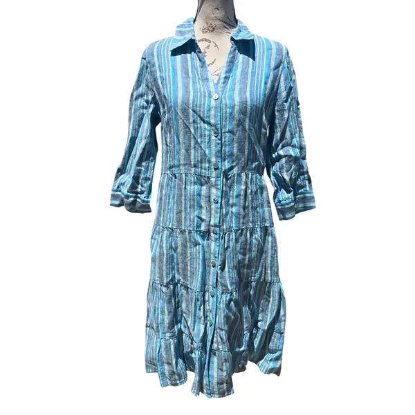 Soft Surroundings 100% Linen Striped‎ Tiered Midi Shirt Dress Blue Coastal XS - Image 3