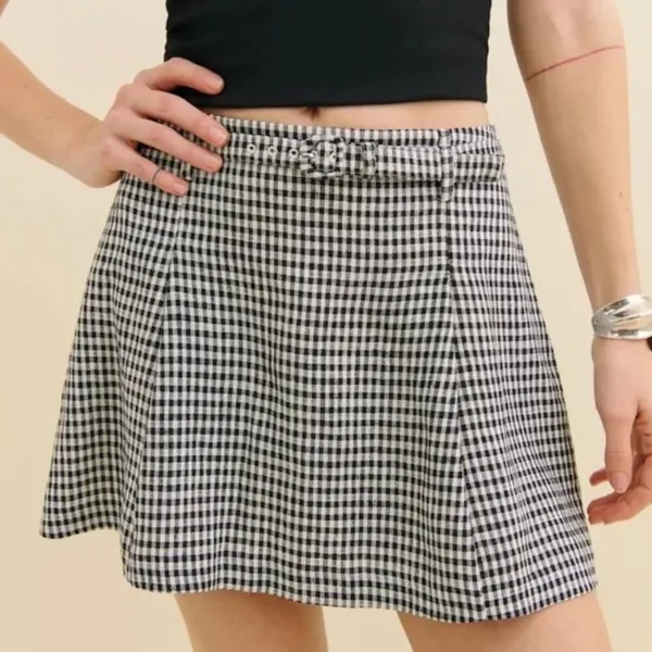 NEW Reformation Rory Linen Mini Skirt in Remy Check Black and White Women's 4 - Image 8