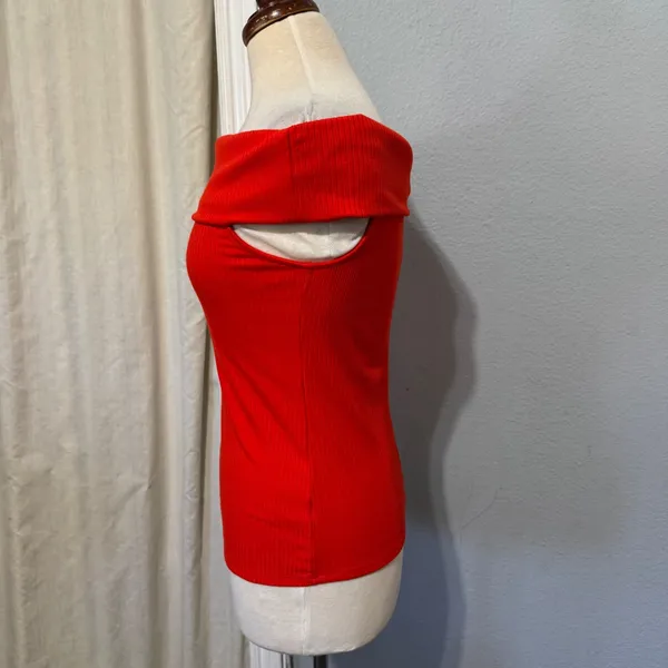 A New Day Womens Medium Top Red Ribbed‎ Off The Shoulder Bardot Knit Stretch - Image 3
