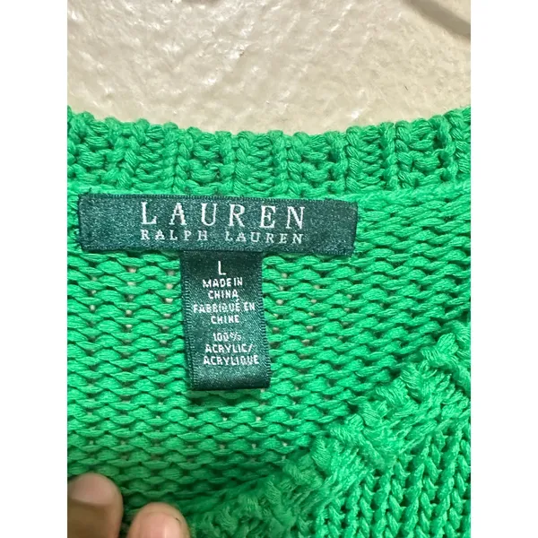 Lauren‎ Ralph Lauren Green Knit Sweater Womens Large Cotton Crewneck - Image 2