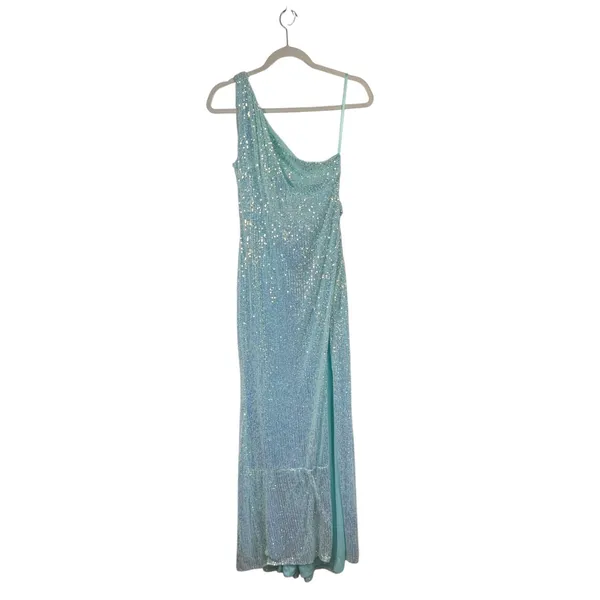 IEENA for Mac Duggal Gown Aqua Iridescent Sequin One Shoulder Dress Prom Women 2 - Image 3