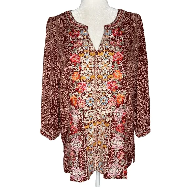 Savanna Jane Embroidered Blouse Tunic Top Medium Rayon Boho - Image 3