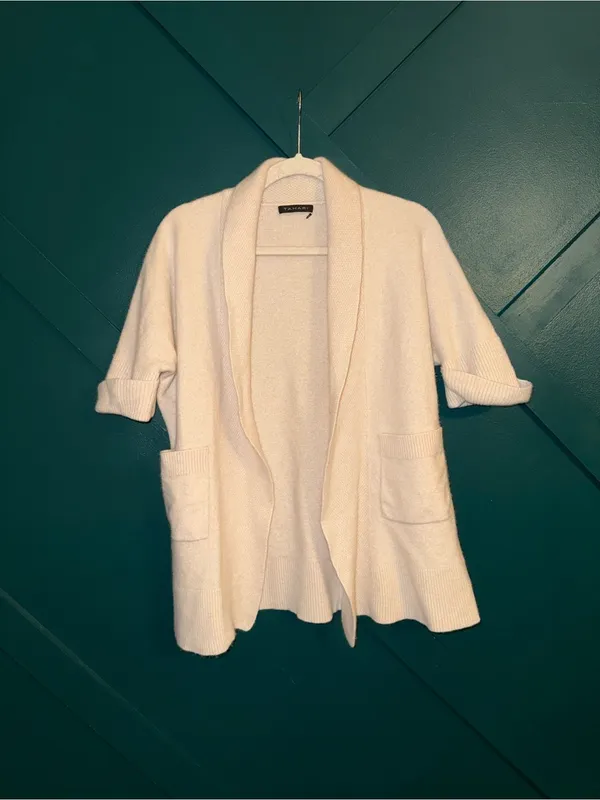 Tahari Ivory Open Front Knit Cardigan Cashmere Shawl Collar Pockets Cozy Classic - Image 2