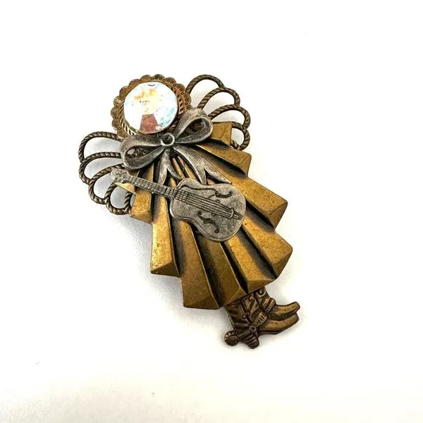 Vintage handmade angel with guitar and cowboy boots pin - Image 2