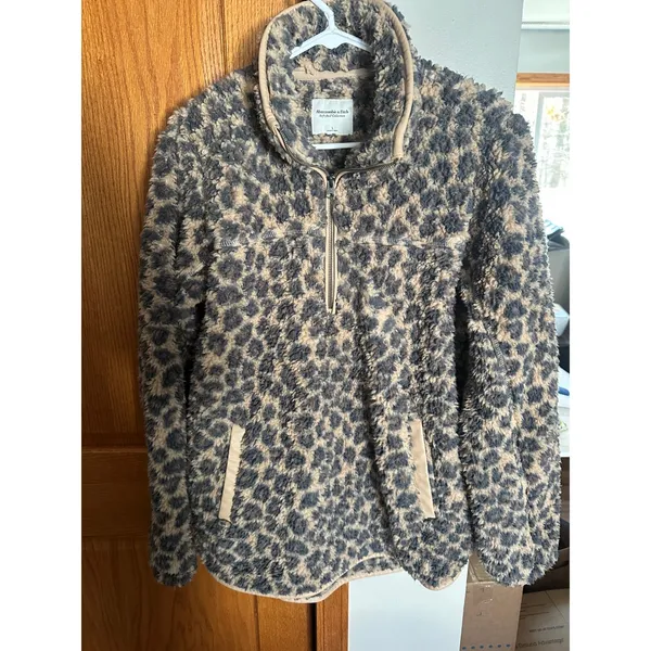 Abercrombie & Fitch Leopard Sherpa Fleece Quarter Zip Pullover Jacket Tan Grey L - Image 2