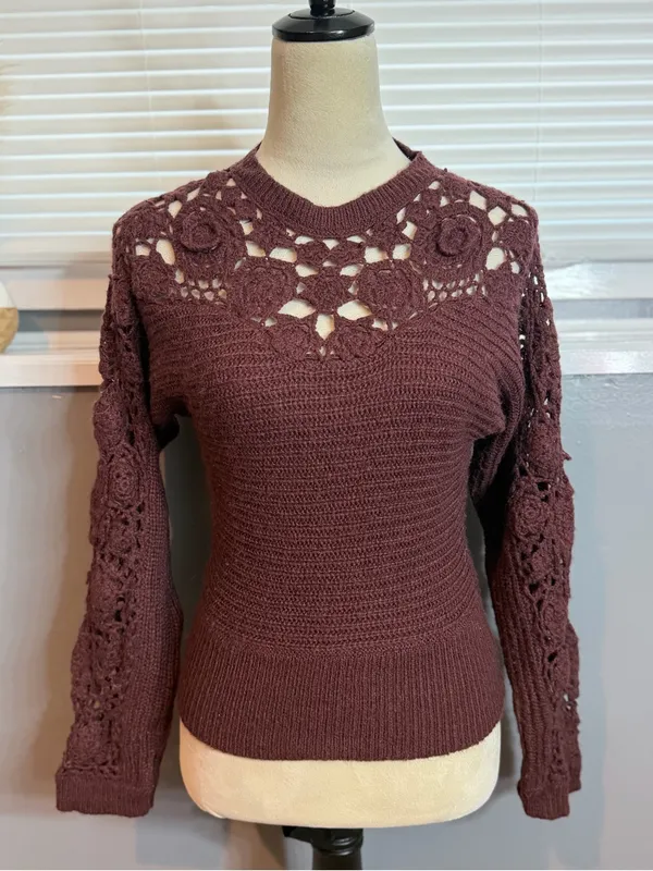 Zara Burgundy Crochet Floral Knit Sweater Wool Blend Medium - Image 4