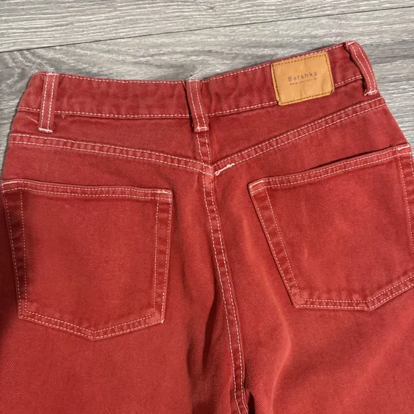 Bershka Burgundy Wide Leg Cropped Denim Jeans Contrast Stitch Mid‎ Rise Size 2 - Image 5