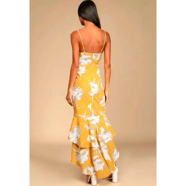 Lulu’s Darling Daylily Mustard Yellow Floral Print High-Low Maxi Dress M - Image 4