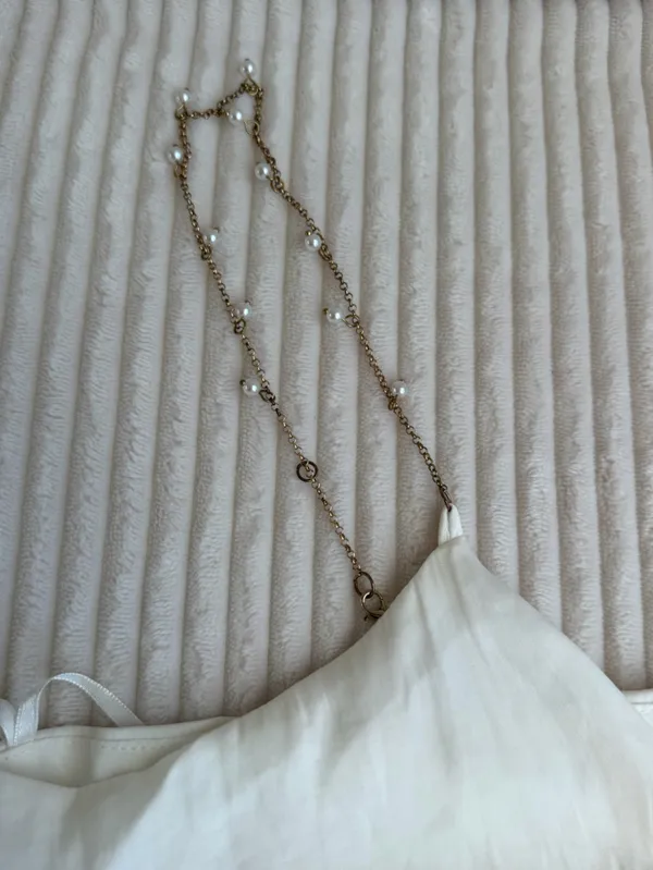 Mustard Seed White Pearl Chain Strap Cold Shoulder Maxi Dress L Bridal - Image 4