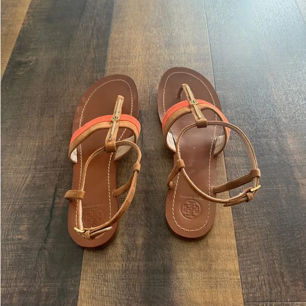 Tory Burch Logo T Strap Sandals Brown Coral Leather Flat Sandal Size 9 - Image 5