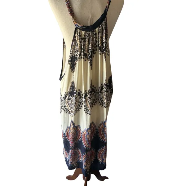 Women’s M Paisley Slip Dress Beige Black Blue Orange V-Neck Strappy Knee - Image 3