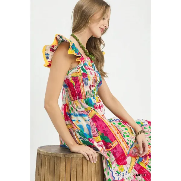 Umgee Abstract Print Smocked Ruffle Sleeve Tiered Midi Dress - Medium - Image 6