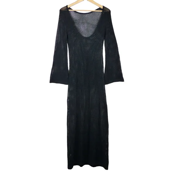 Black Open Knit Crochet Maxi Dress Size XS/S Bell Sleeve Sheer Goth Boho Witchy - Image 2