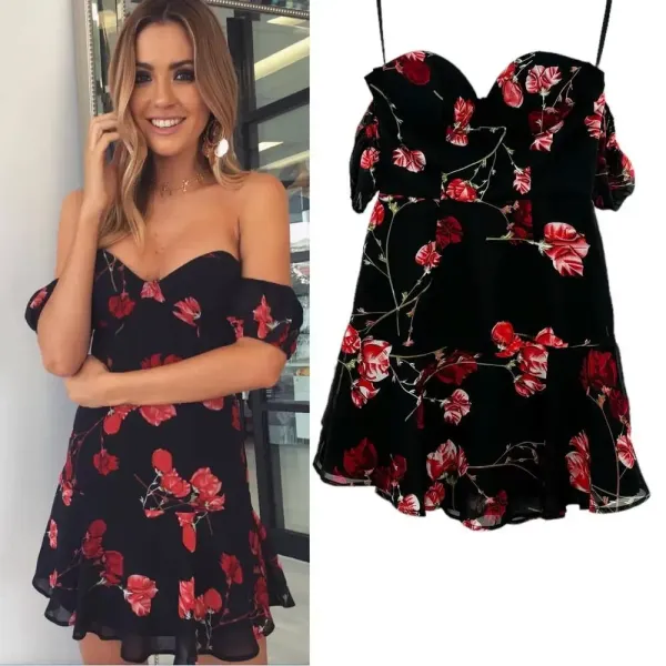 White Fox Boutique Monte Carlo Mini Dress Black‎ Red Floral Size XS - Image 2