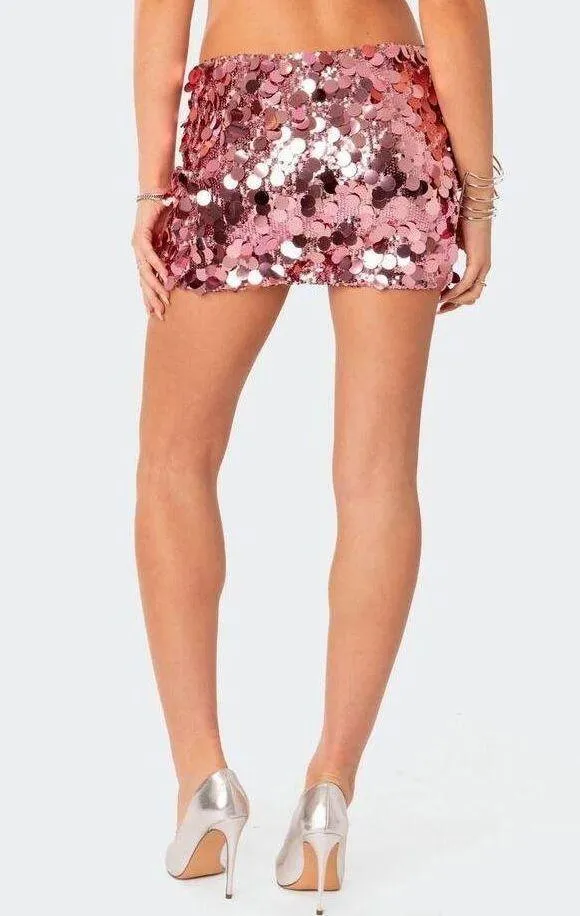 Edikted Sabina Low-Rise Sequin Mini Skirt in Pink. Size XL - Image 4