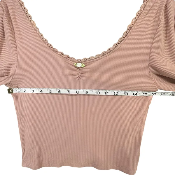 Pretty Garbage Long Sleeve Baby Tee Size L Pink Rib Knit Scoop Dainty Lace‎ Top - Image 9