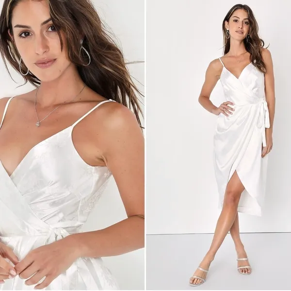 LULU's Elegant Sexy Wedding Bridal Shower Engagement White Satin Floral Dress - Image 2