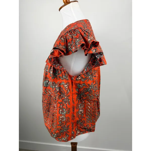 Ulla Johnson Kosta Top Printed V-Neck Blouse Ruffle Flutter Sleeve Orange XS 0 - Image 11
