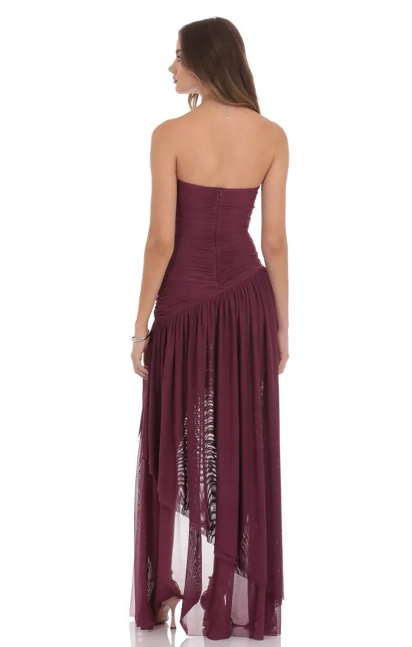 Lucy in the Sky Mesh Asymmetrical High Low Maxi Dress in Plum - Image 3