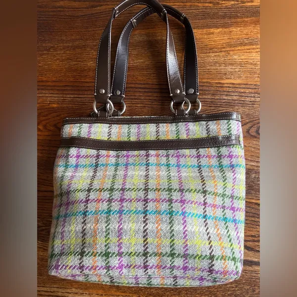 Coach Vintage Penelope Tattersall Plaid Wool Tweed Leather Handbag - Image 5