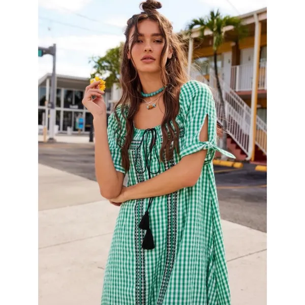 Free People Bohemian Embroidered Gingham Seersucker Cass Maxi Dress Green Small - Image 14