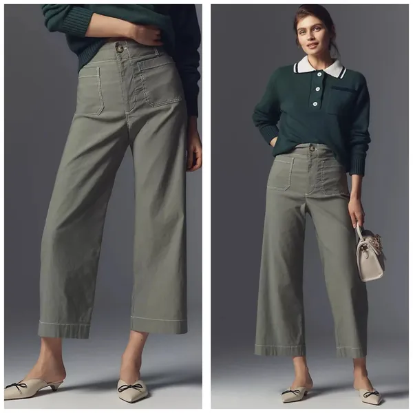 Anthropologie Maeve Colette Crop Pants Maeve Contrast Stitch Moss Olive Green 24 - Image 2