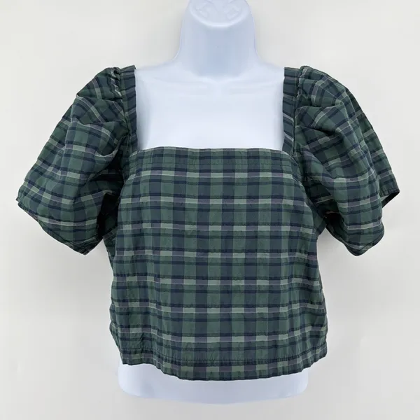 Madewell Hopewell Plaid Puff Sleeve Crop Top Smocked Square Neck Blouse Forest M - Image 3