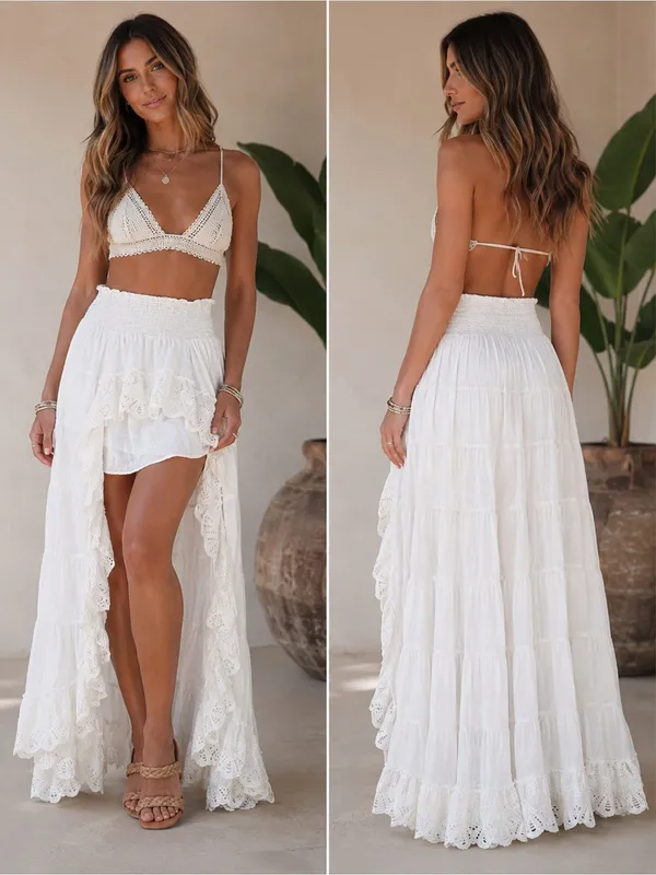 Solitaire High Low Ruffle Cottagecore Tiered Romantic White Peasant Maxi Skirt L - Image 2