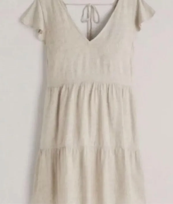Abercrombie & Fitch Beige Lined Tiered V-Neck Pocket Dress Linen Blend Size S - Image 4