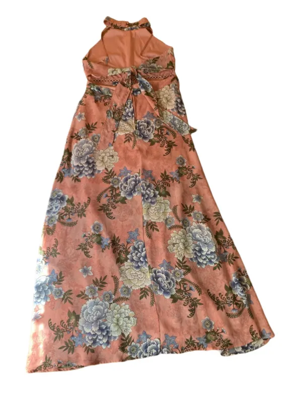 Miami maxi Dress Large Peach with Blue Yellow Floral Halter Crochet Derails - Image 7