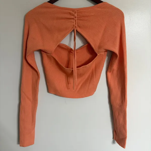 American Eagle Womens Ribbed‎ Long Sleeve Cutout Crop Top Coral Orange Large - Image 7