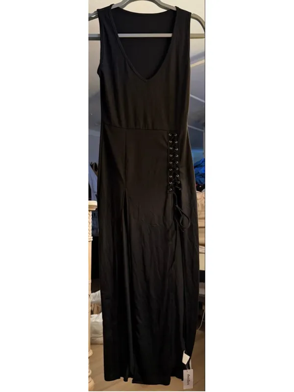 NEW GothDark Black Goth High Slit V Neck Eyelet Rope Club Maxi Dress S - Image 5